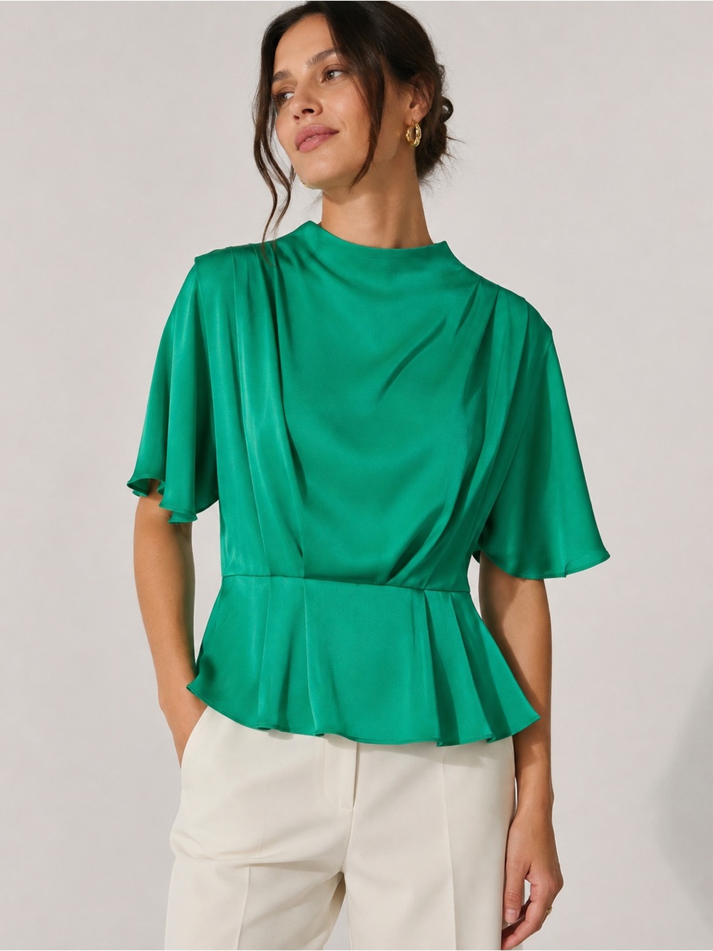 H&M Green Satin Peplum Blouse Batwing Stand Collar XL